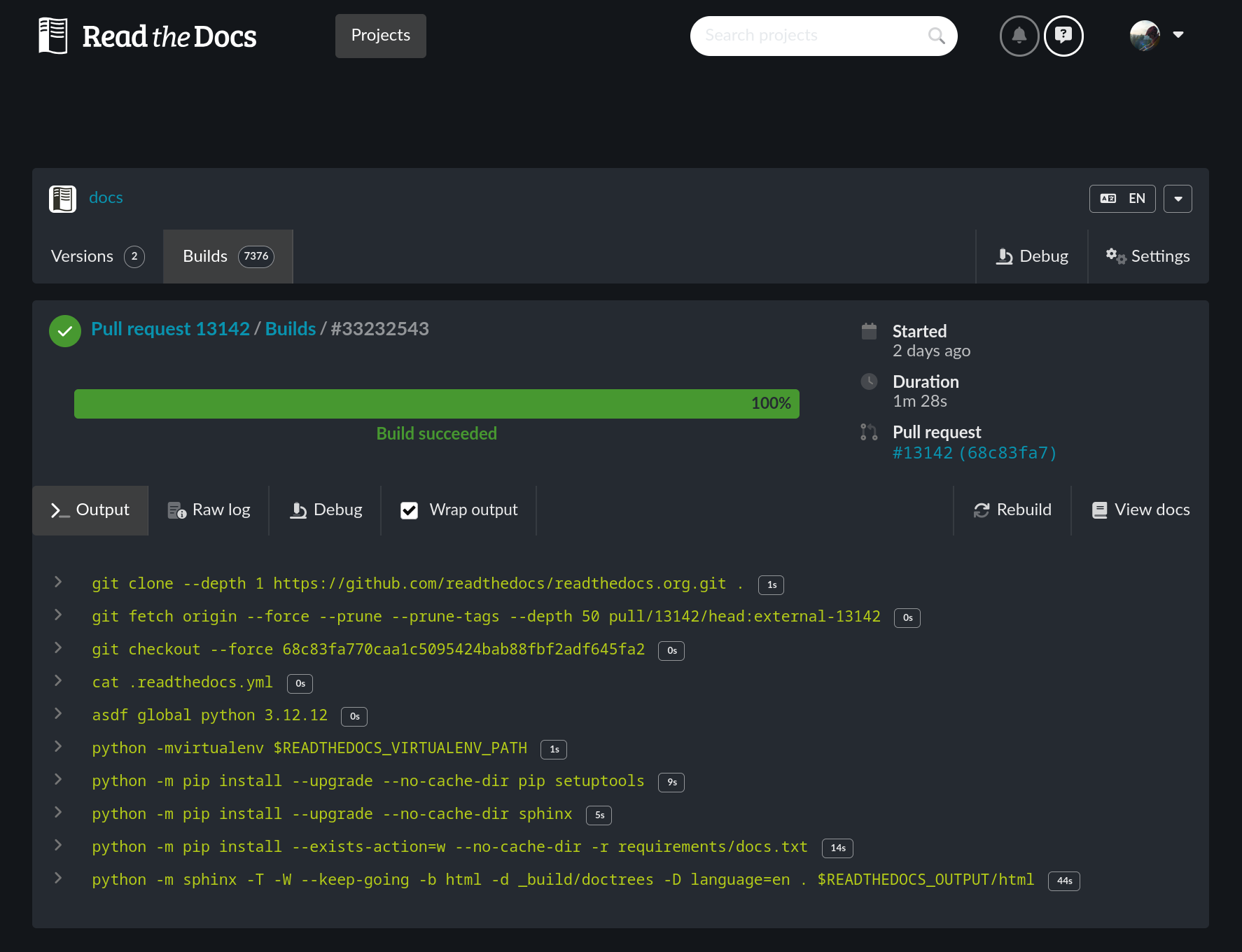 Application dashboard showing the details of a successful project build